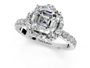Halo Engagement Ring Setting for Asscher Cut Center with Openwork Halo, Pave Band and Prong Head in White Gold