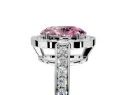 Bezel-Framed Halo Engagement Ring Setting for Fancy Pink Oval Center with Pave Band and Prong Head in Platinum
