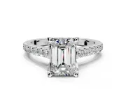Solitaire Engagement Ring Setting for Emerald Cut Center with Widening Pave Band and Claw Prong Head in Sterling Silver