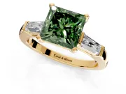 3 Stone Engagement Ring Setting for Fancy Green Princess Cut Center with Tapered Baguettes, Plain Band and Prong Head in Yellow Gold