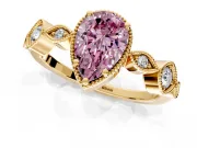 Vintage Station Engagement Ring Setting for Fancy Pink Pear-Shaped Center with Accents and Prong Head in Yellow Gold