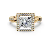 Halo Engagement Ring Setting for Princess Cut Center with Pave and Plain Twist Band and Prong Head in Yellow Gold