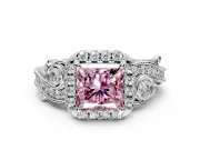 Milgrain Halo Engagement Ring Setting for Fancy Pink Princess Cut Center with Shoulder Bezels and Prong Head in White Gold