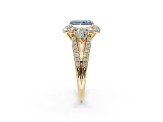 Halo Engagement Ring Setting for Fancy Blue Radiant Cut Center with Two-Strand Split Shank and Prong Head in Yellow Gold