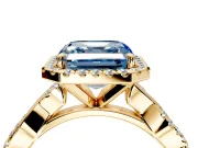 Halo Engagement Ring Setting for Fancy Blue Asscher Cut Center with Pave and Plain Twist Band and Prong Head in Yellow Gold