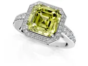 Bezel-Framed Halo Engagement Ring Setting for Fancy Yellow Asscher Cut Center with Pave Band and Prong Head in White Gold