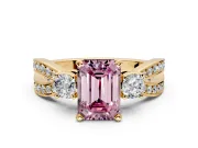 3 Stone Engagement Ring Setting for Fancy Pink Emerald Cut Center with Pave Twist Band and Prong Head in Yellow Gold