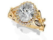 Halo Engagement Ring Setting for Oval Center with Leaf Motif Split Shank and Prong Head in Yellow Gold