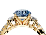 3 Stone Engagement Ring Setting for Fancy Blue Round Cut Center with Pave Split Shank and Prong Head in Yellow Gold