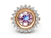 Halo Engagement Ring Setting for Fancy Pink Round Cut Center with Milgrain Bezel Rim, Plain Band and Prong Head in Rose Gold