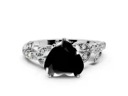 Leaf Motif Engagement Ring Setting for Fancy Black Heart-Shaped Center with Pave Band and Prong Head in Platinum