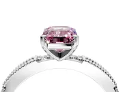 Solitaire Engagement Ring Setting for Fancy Pink Emerald Cut Center with Milgrain-Edged Pave Band and Prong Head in Platinum