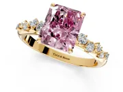 Cluster Engagement Ring Setting for Fancy Pink Radiant Cut Center with Round Cut Accent Band and Prong Head in Yellow Gold
