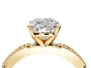 Solitaire Engagement Ring Setting for Cushion Cut Center with Milgrain-Edged Pave Band and Prong Head in Yellow Gold
