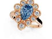 Cluster Halo Engagement Ring Setting for Fancy Blue Pear-Shaped Center with Milgrain Bezel Accents and Prong Head in Rose Gold