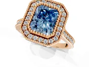 Halo Engagement Ring Setting for Fancy Blue Radiant Cut Center with Milgrain Frame, Pave Band and Prong Head in Rose Gold