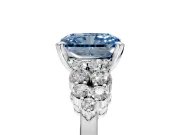 Cluster Engagement Ring Setting for Fancy Blue Radiant Cut Center with 2-Row Shoulder Clusters and Prong Head in Platinum