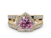 Halo Engagement Ring Setting for Fancy Pink Heart-Shaped Center with Wide-Open Pave Split Shank and Prong Head in Yellow Gold
