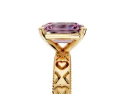 Solitaire Engagement Ring Setting for Fancy Pink Emerald Cut Center with XO Engraved Band and Prong Head in Yellow Gold