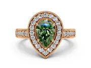 Milgrain Halo Engagement Ring Setting for Fancy Green Pear-Shaped Center with Pave Band and Prong Head in Rose Gold