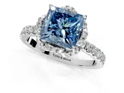Halo Engagement Ring Setting for Fancy Blue Princess Cut Center with Openwork Halo, Pave Band and Prong Head in White Gold