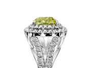 Double Halo Engagement Ring Setting for Fancy Yellow Cushion Cut Center with Narrow Pave Split Shank and Prong Head in Platinum