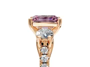 3 Stone Engagement Ring Setting for Fancy Pink Emerald Cut Center with Crossover Basket, Pave Band and Prong Head in Rose Gold