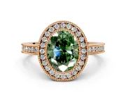 Halo Engagement Ring Setting for Fancy Green Oval Center with Milgrain Halo, Pave Band and Prong Head in Rose Gold