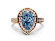 Halo Engagement Ring Setting for Fancy Blue Pear-Shaped Center with Outer Bezel Rim, Pave Band and Prong Head in Rose Gold