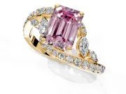 Solitaire Engagement Ring Setting for Fancy Pink Emerald Cut Center with Pave Bypass Twist Band and Prong Head in Yellow Gold
