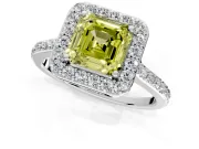 Halo Engagement Ring Setting for Fancy Yellow Asscher Cut Center with Pave Accents, Heart Basket and Prong Head in White Gold