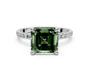 Solitaire Engagement Ring Setting for Fancy Green Asscher Cut Center with Fine Pave Narrow Band and Prong Head in White Gold