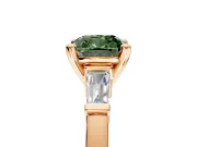 3 Stone Engagement Ring Setting for Fancy Green Cushion Cut Center with Channel Baguette Accents and Prong Head in Rose Gold