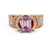 Pave Engagement Ring Setting for Fancy Pink Emerald Cut Center with Curved Accent Rows, Openwork and Prong Head in Rose Gold