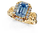 Halo Engagement Ring Setting for Fancy Blue Emerald Cut Center with Open Scroll Shoulders and Prong Head in Yellow Gold