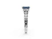 Solitaire Engagement Ring Setting for Fancy Blue Emerald Cut Center with Filigree Band and Prong Head in White Gold