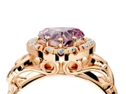 Halo Engagement Ring Setting for Fancy Pink Heart-Shaped Center with Open Scroll Shoulders and Prong Head in Rose Gold