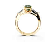 3 Stone Engagement Ring Setting for Fancy Green Radiant Cut Center with Tapered Baguettes, Plain Band and Prong Head in Yellow Gold