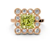 Cluster Halo Engagement Ring Setting for Fancy Yellow Princess Cut Center with Milgrain Bezel Accents and Prong Head in Rose Gold