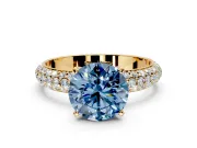 Solitaire Engagement Ring Setting for Fancy Blue Round Cut Center with Domed Multi-Row Pave Band and Prong Head in Yellow Gold