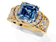 Pave Engagement Ring Setting for Fancy Blue Asscher Cut Center with Curved Accent Rows, Openwork and Prong Head in Yellow Gold