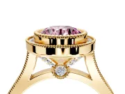 Halo Engagement Ring Setting for Fancy Pink Round Cut Center with Milgrain Frame, Pave Band and Prong Head in Yellow Gold