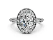 Milgrain Halo Engagement Ring Setting for Oval Center with Three-Sided Pave Band and Prong Head in Sterling Silver