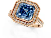 Halo Engagement Ring Setting for Fancy Blue Asscher Cut Center with Milgrain Pave Band and Bezel Head in Rose Gold
