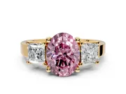 3 Stone Engagement Ring Setting for Fancy Pink Oval Center with Matching Side Accents and Prong Head in Yellow Gold