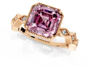 Milgrain Bezel Engagement Ring Setting for Fancy Pink Asscher Cut Center with Marquise Stations and Bezel Head in Rose Gold