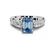 Solitaire Engagement Ring Setting for Fancy Blue Emerald Cut Center with Graduated Shared Prongs and Prong Head in White Gold