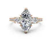 3 Stone Engagement Ring Setting for Marquise Center with Round Cut Side Accents and Prong Head in Rose Gold