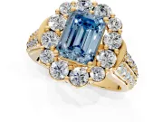 Large Accent Halo Engagement Ring Setting for Fancy Blue Emerald Cut Center with Pave Split Shank and Prong Head in Yellow Gold