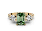 3 Stone Engagement Ring Setting for Fancy Green Emerald Cut Center with Crossover Basket, Pave Band and Prong Head in Yellow Gold